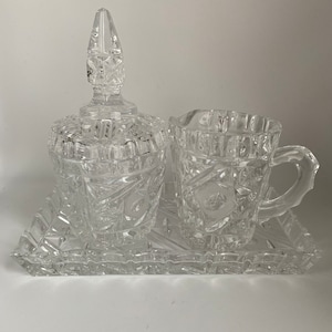 Vintage Cut Crystal Creamer & Sugar Bowl With Lid, And Tray Set
