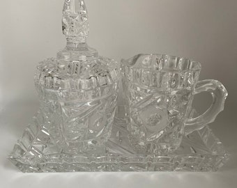Vintage Cut Crystal Creamer & Sugar Bowl With Lid, And Tray Set