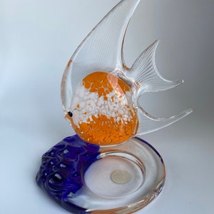 PartyLite Tropical Fish Art Glass Tea-light Candle   Holder, Glass Votive, Orange and Blue Tea-light Holder, 6” Tall