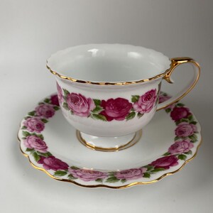 Beautiful Rose Pattern Footed Tea Cup and Saucer Set, 2.5” Tall, Very Rare