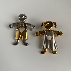 Gold And Silver Colors With Hearts On Dresses  Boy And Girl Brooch Pins, Set of 2, 1.25” Tall