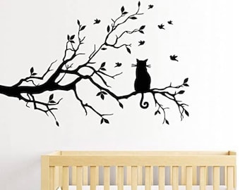 Black cat on long tree branch wall decal, cat wall stickers, home decor, wall art, cat on the branch, window sticker