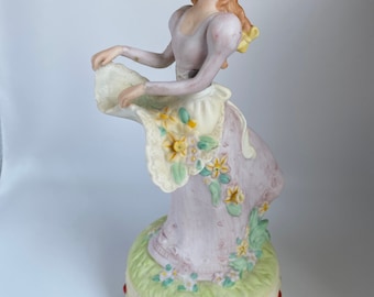 Vintage Enesco Porcelain Music Box, Beautiful Girl With Floral Dress Music Box, “Oh What A Beautiful Morning” Music Box, 1991, Very Rare