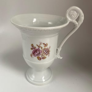 Furstenberg Porzellan Footed Tea / Coffee Cup, Pink Floral Tea Cup With Unique Handle, Made in Germany, 4.5” Tall