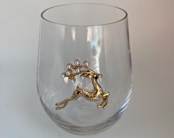 Gold Tone Reindeer With Black Eye And Clear  Rhinestones Stemless  Wine Glass, 5” Tall, Very Rare