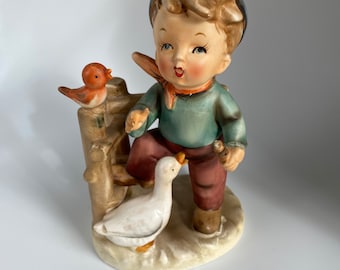 Vintage Porcelain Bisque Boy With Goose And Bird  Figurine, #8028, Home Decor, 5.5” Tall