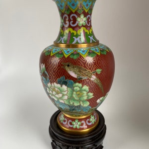 Vintage Or Antique Chinese Cloisonne Vase With Stand, Floral With Bird Cloisonne Vase, 5.25” Tall