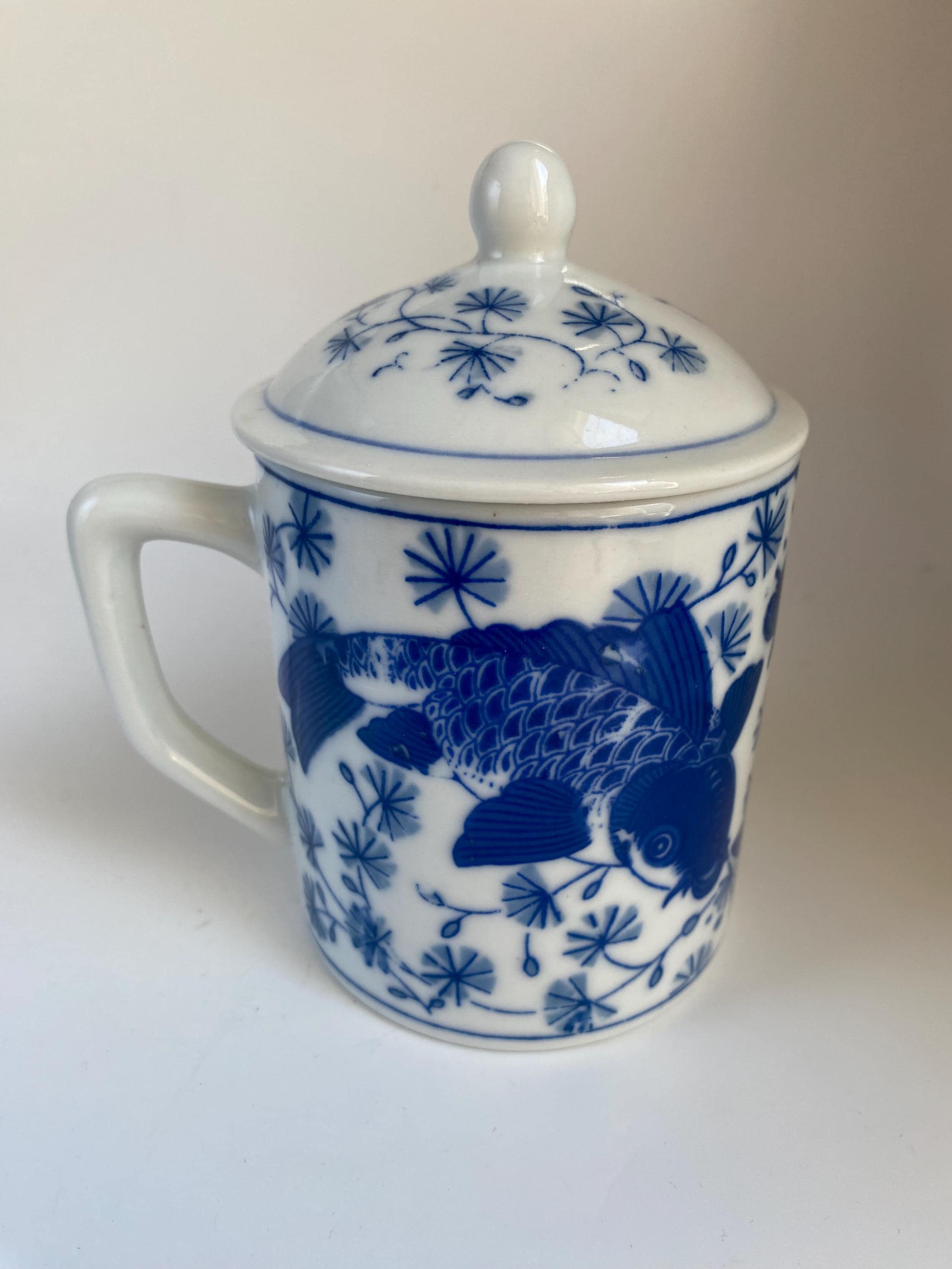 Koi Fish Pattern Blue and White Tea / Coffee Mug With Lid, 5.5” Tall ...