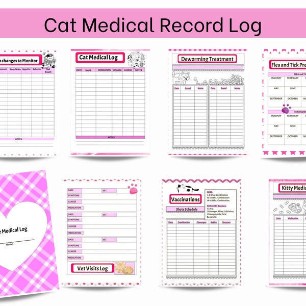 Cat Medical Record & Shots Log, Just the Basics (pink)   PERSONAL USE ONLY