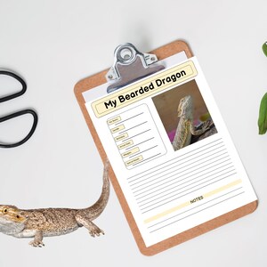 May include: A printable checklist for keeping track of bearded dragon care. The checklist includes sections for pet name, species, date of birth, and more. A photo of a bearded dragon is included in the top right corner. The checklist is on a clipboard with a brown wooden frame.