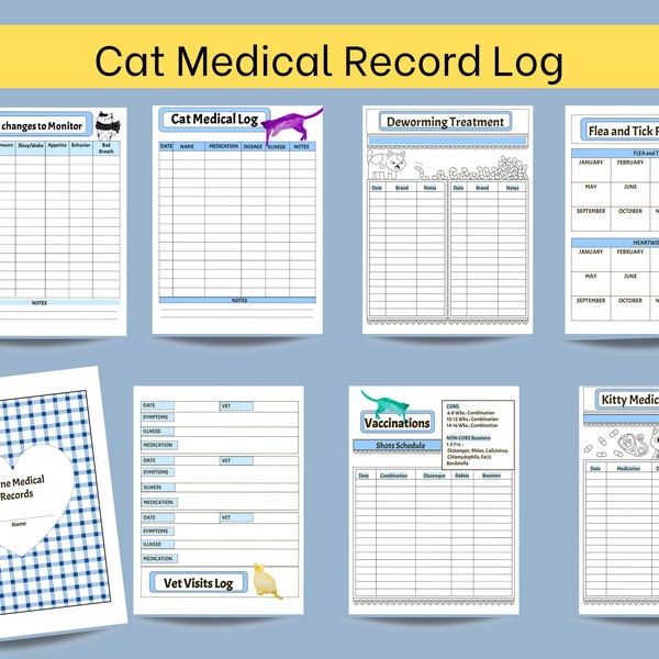 Cat Medical Records/Cat Vaccination Log/ Health Tracker/Health Assessment/Printable Planner