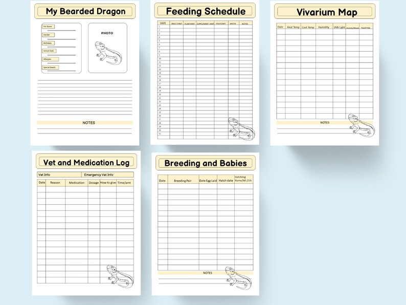 May include: Printable log book for bearded dragon owners. Includes sections for feeding schedule, vivarium map, vet and medication log, and breeding and babies. Each section has a space for notes and a cute bearded dragon illustration.