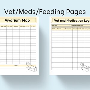 May include: Printable log sheets for tracking a reptile's vivarium conditions, vet visits, and medication. The sheets feature a lizard illustration and the text "Vivarium Map" and "Vet and Medication Log".