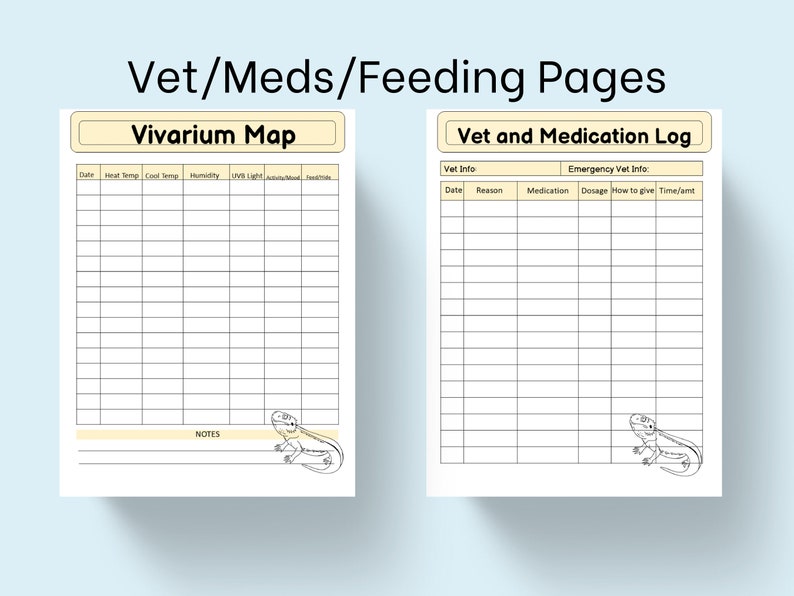 May include: Printable log sheets for tracking a reptile's vivarium conditions, vet visits, and medication. The sheets feature a lizard illustration and the text "Vivarium Map" and "Vet and Medication Log".