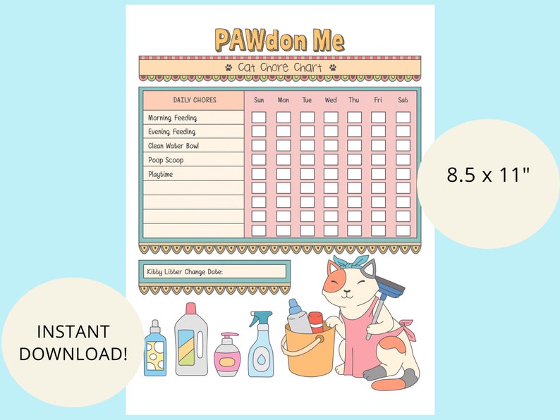Kitten and Cat Care Chore Chart/ Printable Page/cat Care for Kids ...