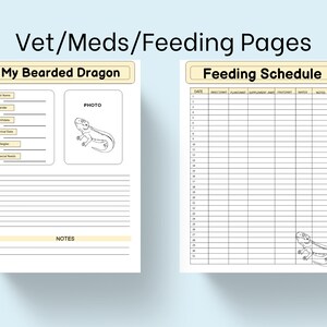 May include: Printable pages for keeping track of a bearded dragon's feeding schedule, vet visits, and medications. The pages feature a black and white illustration of a bearded dragon.