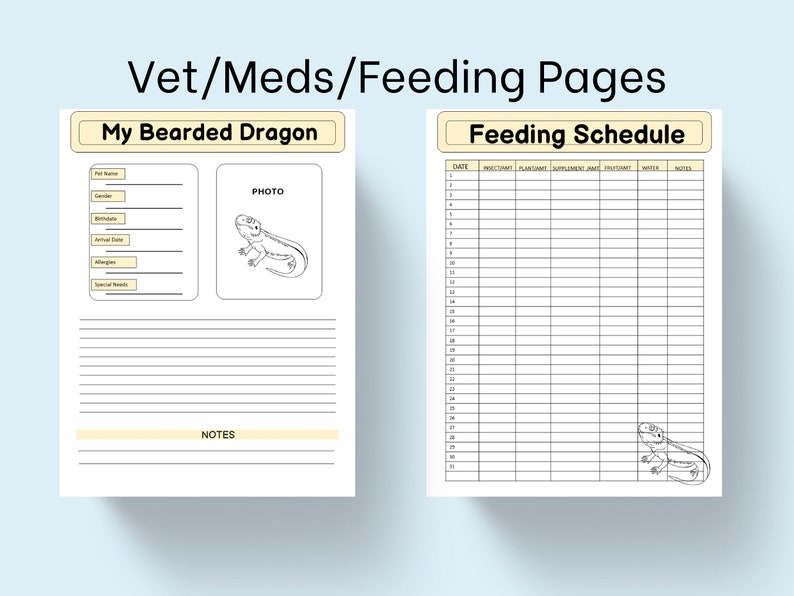 May include: Printable pages for keeping track of a bearded dragon's feeding schedule, vet visits, and medications. The pages feature a black and white illustration of a bearded dragon.
