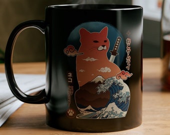 Samurai Katzenbecher, japanische Katzen Anime Ronin Cup, Kanagawa Wave, Japan Katana Katzenbecher