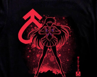 May include: Black t-shirt featuring a red graphic of a female anime character with long hair, a skirt, and a bow. The design includes a red symbol and Japanese text. A pair of black Converse sneakers with white laces are in the foreground.