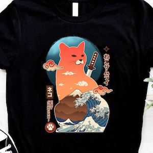 Samurai Cat Shirt, Japanese Cats Anime Ronin Shirt, Kanagawa Wave, Japan Katana Cat Unisex Tee