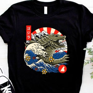 Kanagawa Wave Godzilla Shirt, Hokusai Wave Japanese Monster Tee, The Great Wave Off Kanagawa Shirt, Kaiju Godzilla Unisex Tee