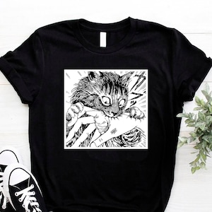 Black Cat Bite Shirt, Tomie Cat Diary Japanese Anime Horror TShirt, Creepy Cat Biting Hand Tee, Crazy Cats Gift, Junji Ito Uzumaki Manga