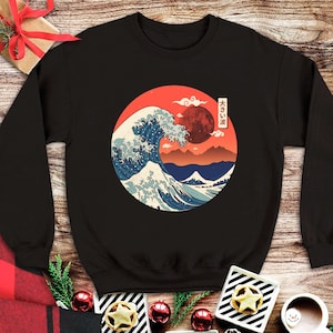 Kanagawa Wave Sweatshirt, Hokusai Wave Sweater, The Great Wave Off Kanagawa Sweatshirt, Retro Japanese Unisex Anime Sweatshirts
