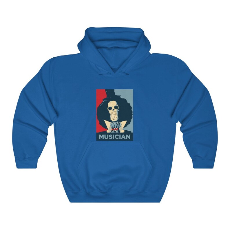 May include: A blue hoodie with a graphic of a skeleton character with a top hat and afro, wearing a red bow tie. The graphic is in a red, white, and blue color scheme and has the word "MUSICIAN" printed below it.