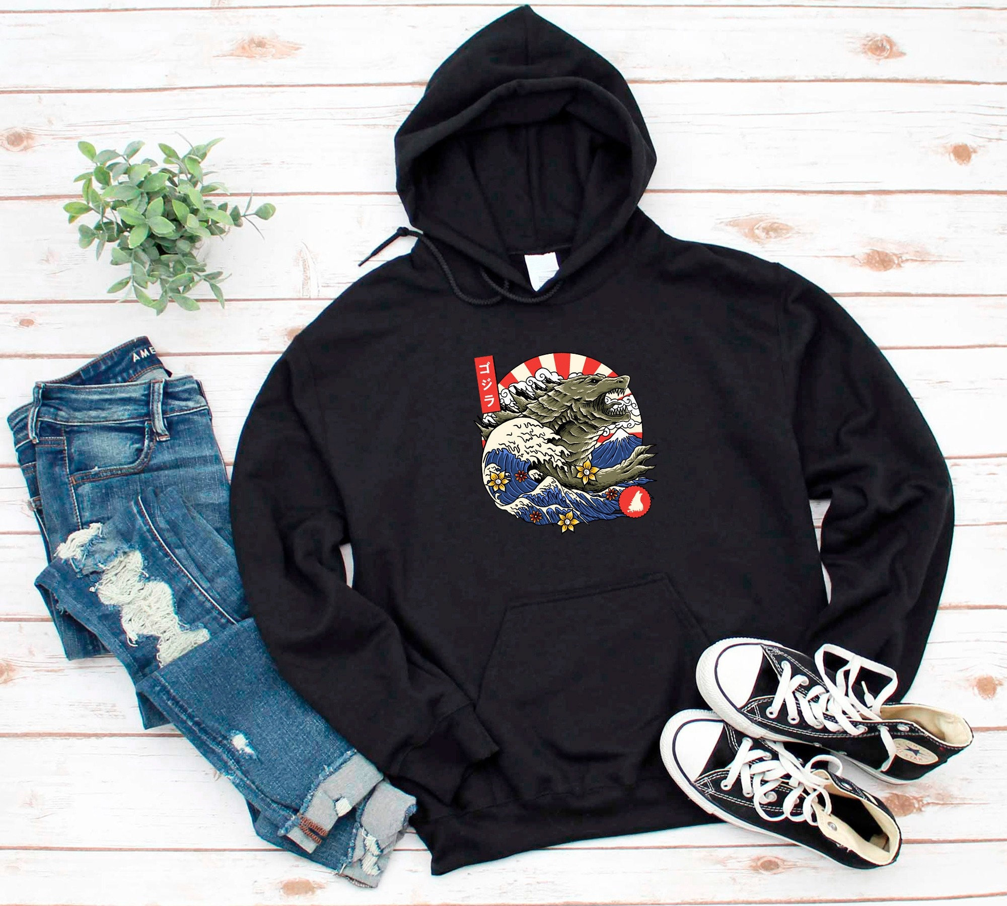 QOOZA × かいばしらコラボ Judge Hoodie Kanagawa Wave Godzilla Hoodie, Hokusai Wave Japanese Monster