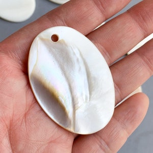 May include: A white oval-shaped mother of pearl shell with a hole drilled in the top. The shell has a natural iridescent sheen.