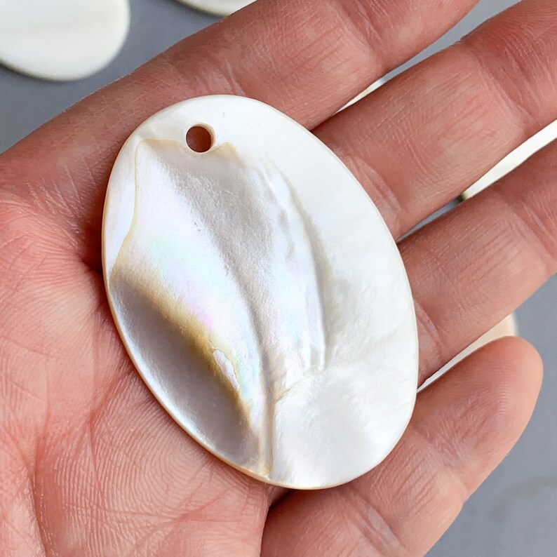 May include: A white oval-shaped mother of pearl shell with a hole drilled in the top. The shell has a natural iridescent sheen.