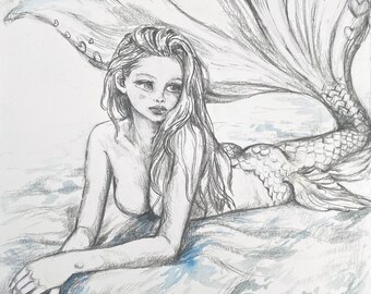 Aquatic AURORA avatar dreaming MORFORWYN seren マーメイド 美人鱼 Amphitrite, a beautiful nereid princess original Watercolor Painting celf dyfrlliw