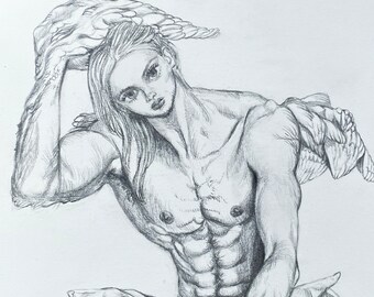Celestial SERAPHIM warrior cherub ANGEL original drawing, muscular Bird Merman mythical fairytale, male Haute Couture Fairies fashion sketch