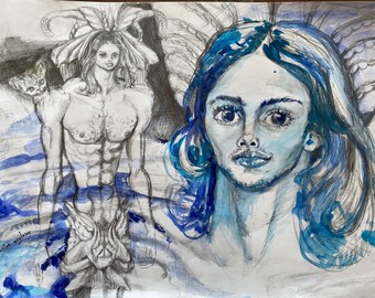 ANGYLION STARGATE Eternal Lyran Seraphins aquatic giant MERMAN prince with caterpillar abs original Watercolor painting, Legendary Fairytale