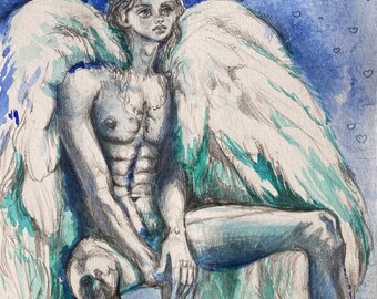 Fluffy LUX Wings DYN ANGYLAIDD raw seraffin Extraterrestrial angelic Giant Megalithic nøgen Hero myth watercolor original Painted drawing