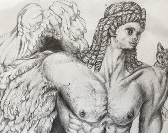 AQUAFEREION crystal heart SERAPHIM angelic prince of LYRA original drawing, muscular Seraph liquid underwater fairytale sun codes Mythology