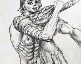 Winged Angyles SERAPHINS chiseled Ultraterrestrial angelic CUPID warrior Rhyfelwr birdman ORIGINAL mythical legendarisk Drawing