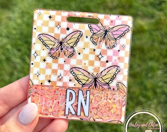 Insignia personalizada / Insignia de mariposa / Carrete con brillantina / Insignia de CMA / Insignia de RN / Regalos para enfermeras