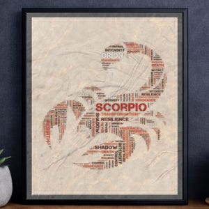 Scorpio Poster Transformation & Power Word Art, Scorpio Wall Art Print, Astrology Decor, Dark Minimal Art 16x20 Zodisc Art