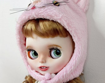 Custom Blythe doll with gold hairs, OOAK Blythe pink cat