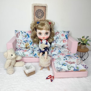 Corner 2-piece pink sofa for Blythe doll 1/6 scale coutch divan seat chair