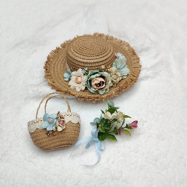 Chapeau de paille vintage et panier pour poupée Blythe, bouquet avec un noeud, fleurs bleues