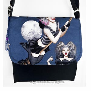 Handmade Pin-Up Goth Witchy Women Messenger Handbag Purse Fabric Lightweight Adjustable Halloween Crossbody Bag Magnetic Snap Closure