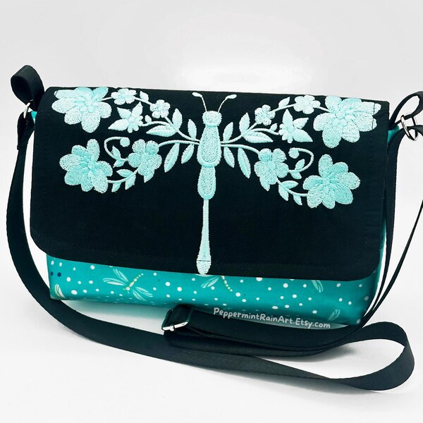 Handmade Embroidered Blue Dragonfly Crossbody Bag: Adjustable Fabric Small Messenger Purse