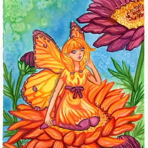 Impresión de bellas artes: Hada mariposa de azufre naranja en acuarela