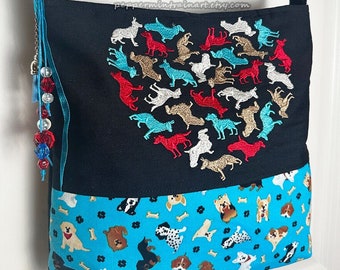 Cute Heart Dogs Embroidered Handbag Purse Fabric Lightweight Adjustable Crossbody Tote Bag with Magnetic Snap Closure