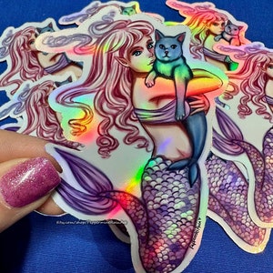 Mermaid and Cat Mercat Original Art 3.25 Inch Vinyl Water Resistant Holographic Rainbow Stickers