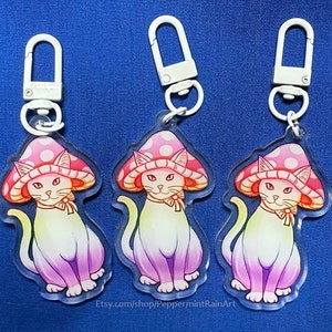Rainbow Mushroom Fungi Cat Original Art Acrylic Keychain Keyring Charm with White Clip 2.5 inch
