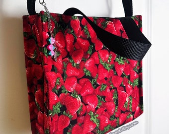 Strawberry Tote-Style Handheld or Crossbody/Shoulder Handbag Purse Lightweight Fabric Adjustable Bag with Magnetic Snap Closure