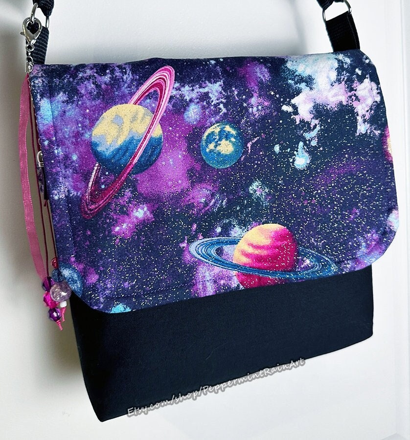 Sparkly Space Galaxy and Planets Messenger Handbag Purse Fabric Lightweight Adjustable Crossbody Bag with Magnetic Snap Closure